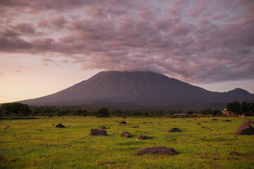 Landscape, view of the sacred volcano Agung, at dawn, Bali island.