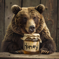 A Grizzly Bear with a jar of Honey - obrazy, fototapety, plakaty