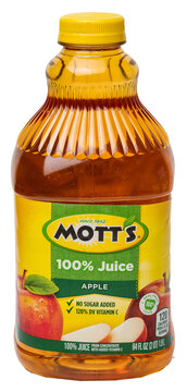 Bottle of Mott&rsquo;s brand 100% Apple juice isolated on a transparent background