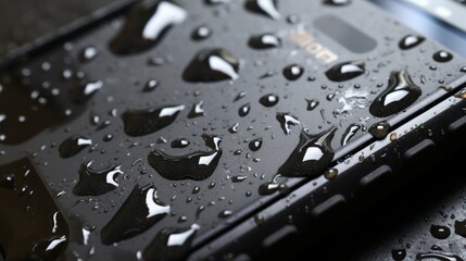 a cell phone covered in water droplets - obrazy, fototapety, plakaty