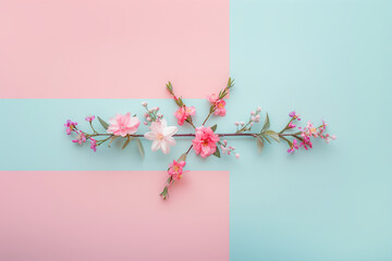 Branch with pastel flowers, flat lay, copy space 