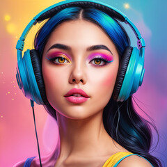 A woman wearing headphones and having her face painted with bright colors, such as pink and blue. She is posing for the picture and looking at the camera. - obrazy, fototapety, plakaty