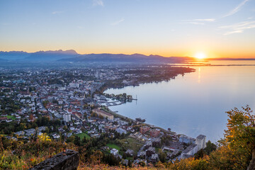 Sunset of the city of Bregenz am Bodensee (Lake of Constanze), toward the Rhine Delta and Swiss...