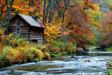 A serene autumn scene with a rustic cabin nestled among colorful trees beside a tranquil river.