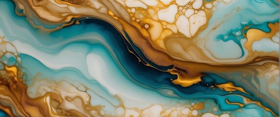 blue Natural luxury abstract fluid art painting in alcohol ink technique. Tender and dreamy wallpaper. Mixture of colors creating transparent waves and golden swirls. For posters, other printed mater - obrazy, fototapety, plakaty