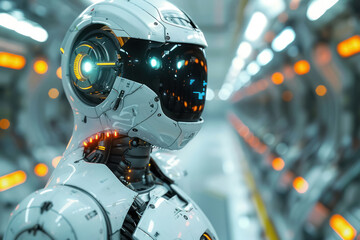  futuristic robot with illuminated eyes in a high-tech environment