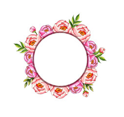 Fototapeta na wymiar Watercolor illustration round frame wreath border with pink peonies, buds and leaves. Botanical composition isolated from background. Great pattern for decor, stationery, wedding invitations, cards