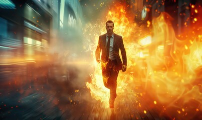 Businessman on fire running with a sense of urgency and rush - obrazy, fototapety, plakaty