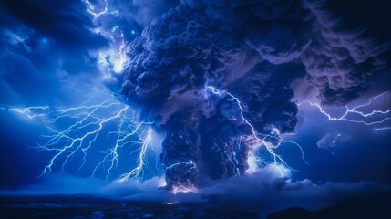 Intense flashes of blue lightning striking down from a billowing ash cloud as lava spews out from a raging volcano in the background. - obrazy, fototapety, plakaty