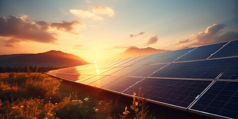 solar energy panels on sunset sky background 3d rendering image. - obrazy, fototapety, plakaty