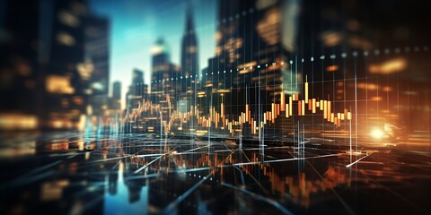 Forex trading graph and chart on night city. Financial and stock market concept. Double exposure - obrazy, fototapety, plakaty