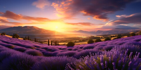 Beautiful landscape with purple flowers and mountain at sunset. 3d render