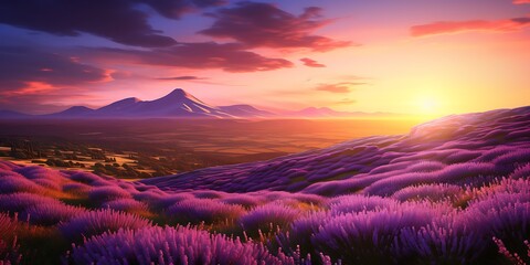 Beautiful landscape with purple flowers and mountain at sunset. 3d render