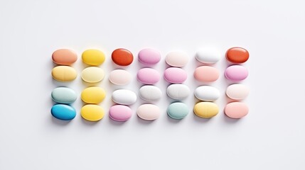 Collection of multicolor pills.  Flat lay of colorful pills and capsules folded into a pettern on white background. Pharmaceutical medical concept