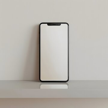 UI/UX mockup image of a smartphone with blank transparent screen, presented against a white wall.