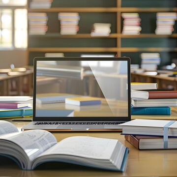 Mockup image of a laptop with transparent screen, surrounded by notebooks and textbooks in a cozy school classroom setting.