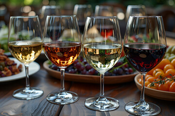 Exquisite wine glasses arranged elegantly on a table, inviting a moment of indulgence and relaxation. Inviting wine set amidst beautiful lighting, perfect for romantic dinner or celebratory gathering