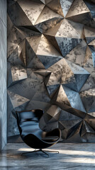 A striking 3D abstract wall featuring metallic geometric patterns, harmonizing with contemporary furniture pieces. Presented flawlessly in