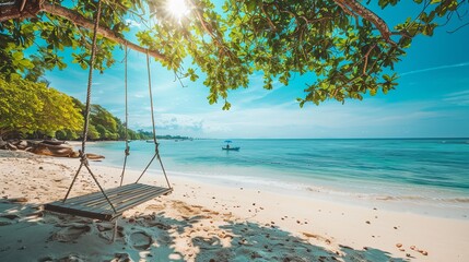 A tranquil tropical beach backdrop features a beach swing or hammock, white sand, and a serene sea,...