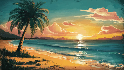 Fototapeta na wymiar Enchanting Sunset Seashore: A Vintage-Inspired Oceanic Painting