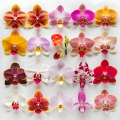 Stunning arrangement of vibrant colorful orchid flowers on white background, highlighting the intricate details and natural beauty of each flower.