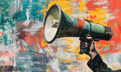 Collage grunge banner. Loudspeaker announcing crazy promotions. Doodle elements on retro poster. Stylish modern advertising poster design