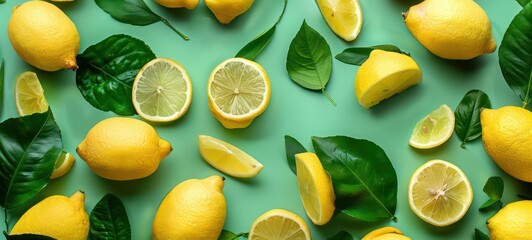 Creative food summer citrus fruits banner panorama wallpaper, seamless pattern texture - Top view of many fresh lemons. Flat lay, top view, copy space - obrazy, fototapety, plakaty