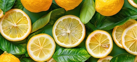 Creative food summer citrus fruits banner panorama wallpaper, seamless pattern texture - Top view of many fresh lemons. Flat lay, top view, copy space - obrazy, fototapety, plakaty