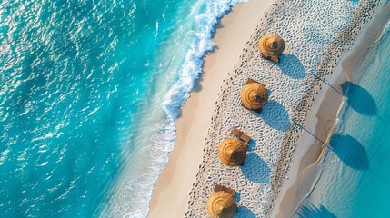 An aerial perspective showcases a breathtaking beach with umbrellas and lounge chairs near the turquoise sea, inspiring couple vacations and romantic getaways