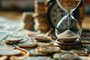 Time is money - Hourglass and currencies symbolizing wise financial planning over time for future prosperity by strategic budgeting, saving and investing.