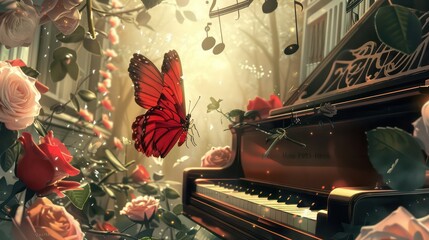 Red butterfly is flying over the piano, surrounded by musical notes and roses - obrazy, fototapety, plakaty