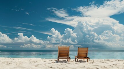 Beach chairs set against white sand and a cloudy blue sky invite relaxation and leisure. Bahamas - obrazy, fototapety, plakaty