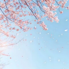Springtime illustration of cherry blossoms falling against a clear blue sky, expressing the transient beauty of sakura blossoms in the wind. - obrazy, fototapety, plakaty