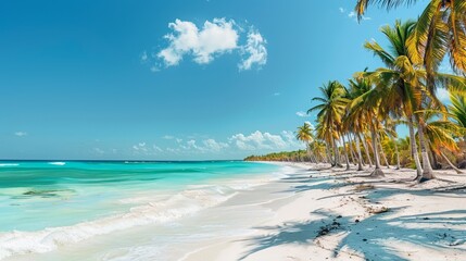 Coconut Palm trees line the white sandy beach of the Caribbean sea on Saona Island, Dominican Republic