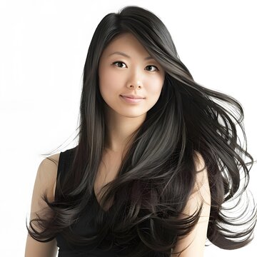 An elegant and sophisticated image of an Asian woman with long hair, styled in a beautiful way for a beauty theme.