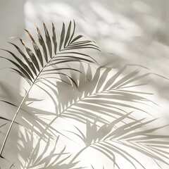 Shadow palm leaves silhouette on white wall background, with tropical coconut leaf overlay, designed for a stylish spring-summer product presentation.
