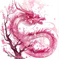 Pink dragon illustration for Chinese Zodiac and 2024 Chinese New Year, showcasing fantasy anime manga style with pink cherry blossom flowers and trees.