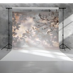 An empty white studio room, showcasing a grey concrete wall backdrop adorned with autumn leaves' shadows and subtle sunbeam reflections.
