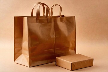 Product packaging mockup photo of Kraft paper bag, studio advertising photoshoot