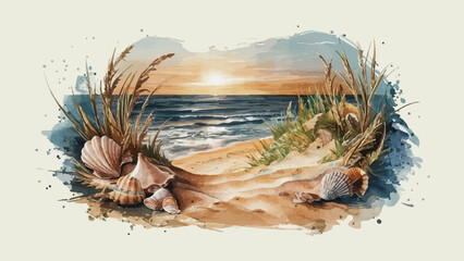 Enchanting Sunset Seashore: A Vintage-Inspired Oceanic Painting