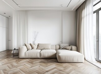 Modern living room interior with a beige sofa, wooden floor and white walls with a herringbone parquet flooring pattern, a window on the right side with sheer curtains