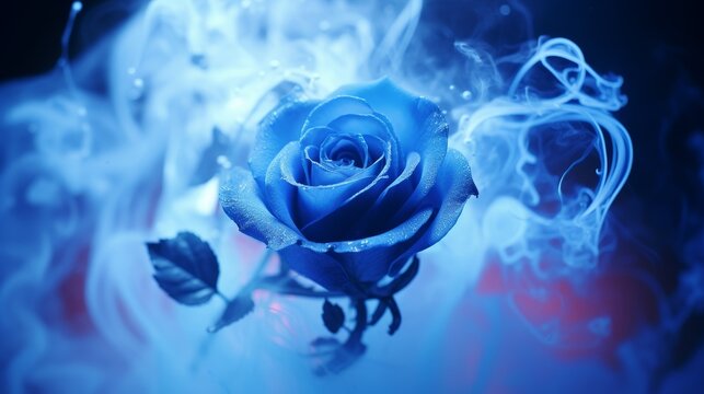 A neon blue rose is suspended in the air, enveloped in swirling blue smoke