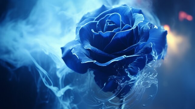 A neon blue rose is suspended in the air, enveloped in swirling blue smoke