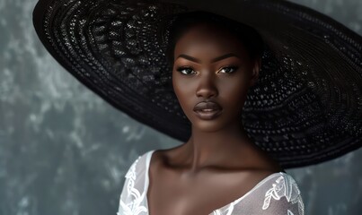 Portrait of African fashion model in white dress with ample clevage and large black hat
