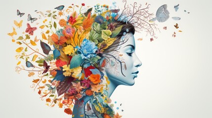 A human head silhouette filled with a vibrant brain and flourishing botanical motifs