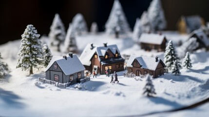 Miniature snowy village scene in winter