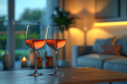 Exquisite wine glasses arranged elegantly on a table, inviting a moment of indulgence and relaxation. Inviting wine set amidst beautiful lighting, perfect for romantic dinner or celebratory gathering - Powered by Adobe