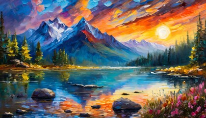 Colorful abstract sunset over river and mountains acrylic oil painting, pallet knife on canvas - obrazy, fototapety, plakaty