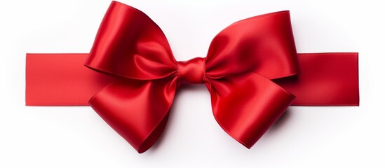 A detailed close-up shot showcasing a vivid red bow placed against a pristine white backdrop, highlighting the intricate texture and color