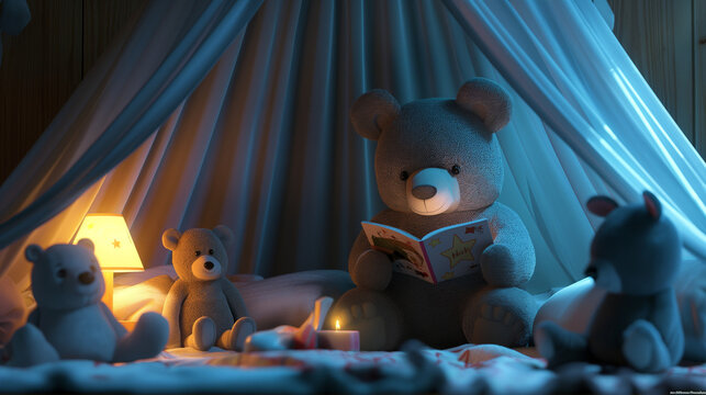 Una familia de ositos de peluche se re&uacute;ne a leer historias sobre humanos